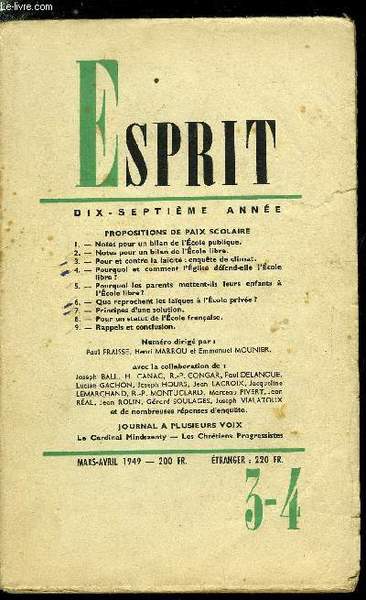 Esprit n° 154 - Propositions de paix scolaire - Notes …