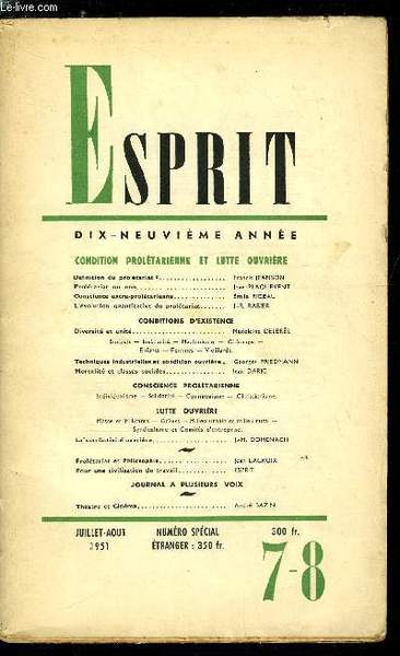 Esprit n� 181 - Condition prol�tarienne et lutte ouvri�re - …