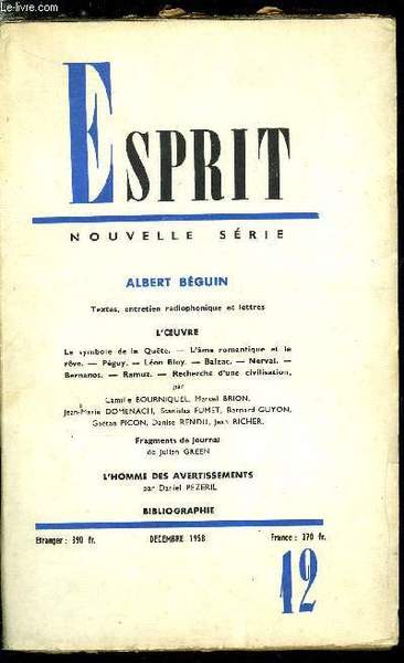 Esprit n° 268 - Albert Béguin - L'oeuvre, Le symbole …