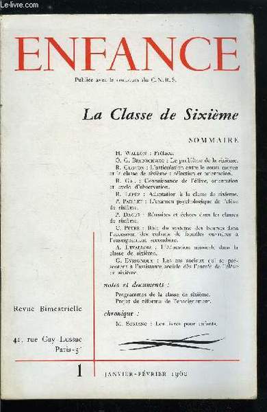 Enfance n� 1 - Pr�face par H. Wallon, Le probl�me …