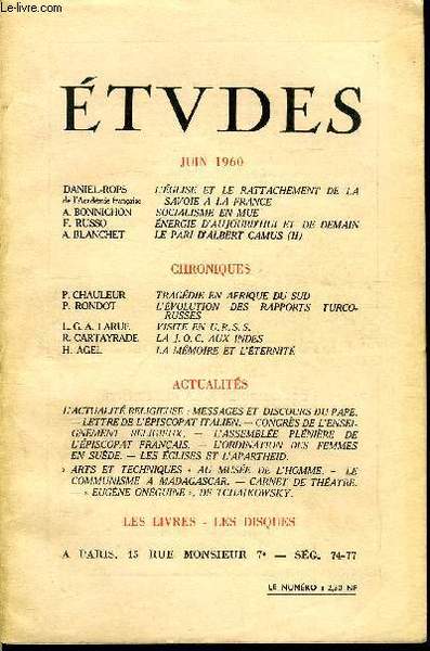 Etudes tome 305 n� 6 - L'�glise et le rattachement …