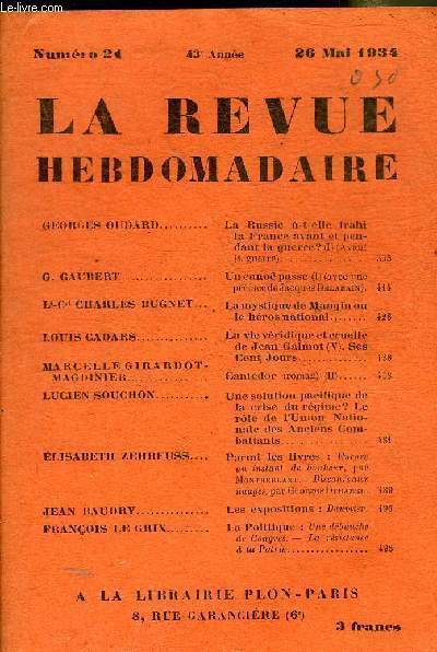 LA REVUE HEBDOMADAIRE N�24 43E ANNEE 26 MAI 1934 - …