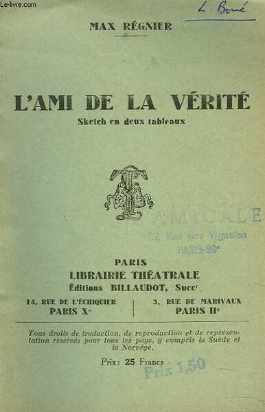 L'AMI DE LA VERITE. SKETCH EN 2 TABLEAUX.