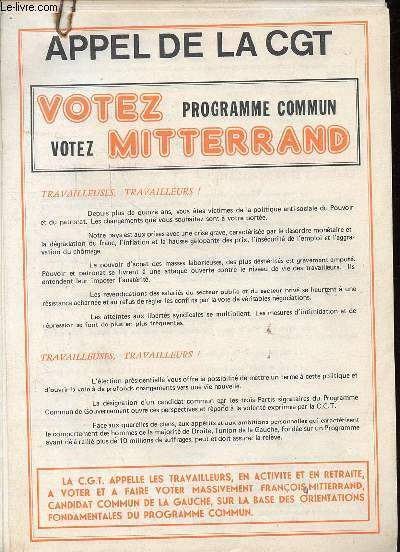 Appel de la CGT Votez programme commun votez Mitterand