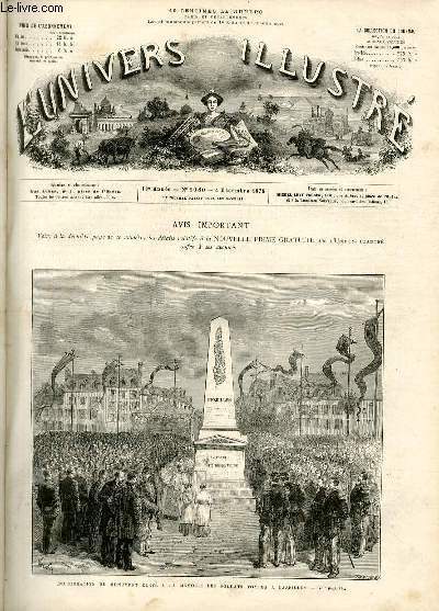 L'UNIVERS ILLUSTRE - DIX-HUITIEME ANNEE N° 1080 - Inauguration du …