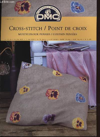 CROSS-STITCH / POINT DE CROIX multicolors pansies / coussin pensées