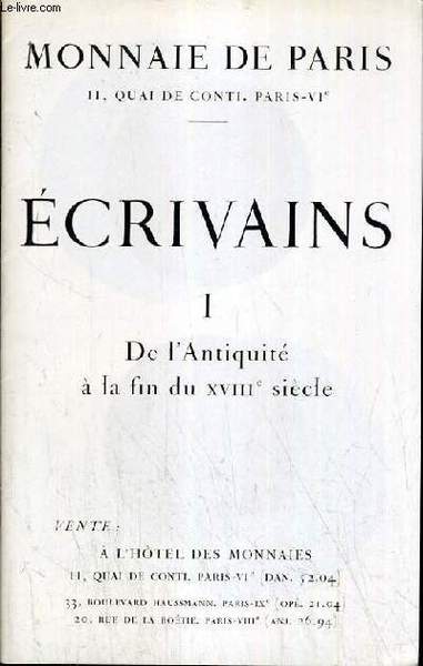 MONNAIE DE PARIS - ECRIVAINS - I. DE L'ANTIQUITE A …