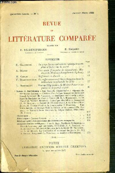 REVUE DE LITTERATURE COMPAREE - QUATORZIEME ANNEE - N°1 - …