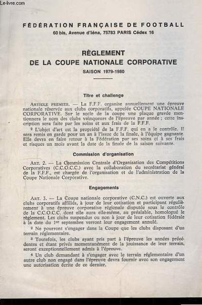 Règlement de la Coupe Nationale Corportative. Saison 1979 - 1980