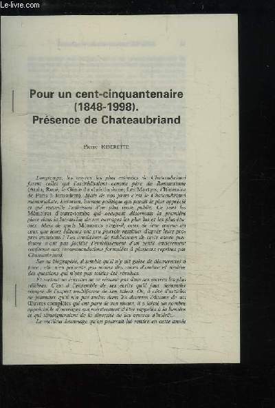 Pour un cent-cinquantenaire (1848 - 1998). Présence de Chateaubriand