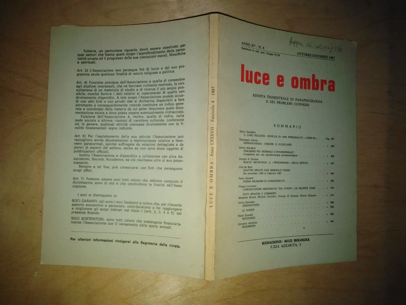 LUCE E OMBRA. trimestrale di parapsicologia e problemi connessi - …