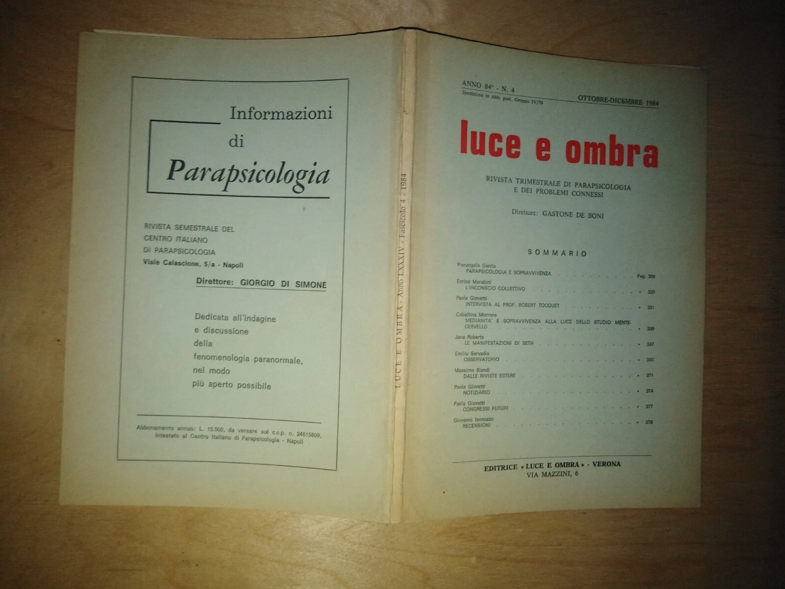 LUCE E OMBRA. trimestrale di parapsicologia e problemi connessi - …