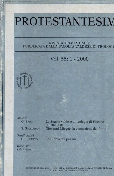 Protestantesimo : rivista trimestrale dalla Facoltà Valdese di Teologia. N.55 …