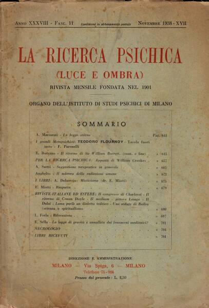 La rivista psichica LUCE E OMBRA, rivista mensile, novembre 1938