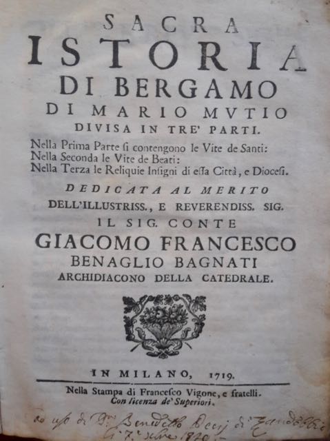 Sacra istoria di Bergamo [.] divisa in tre parti. Nella …