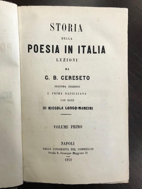 Storia della poesia in Italia. Seconda edizione e prima napolitana …