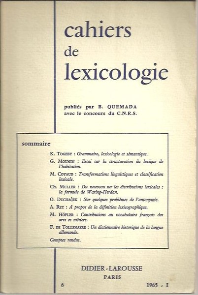 CAHIERS DE LEXICOLOGIE. VOLUME VI. 1965. 1.