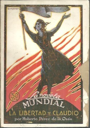 LA LIBERTAD Y CLAUDIO. CROMO DE MOTIN SOBRE FONDO BARCELONES.