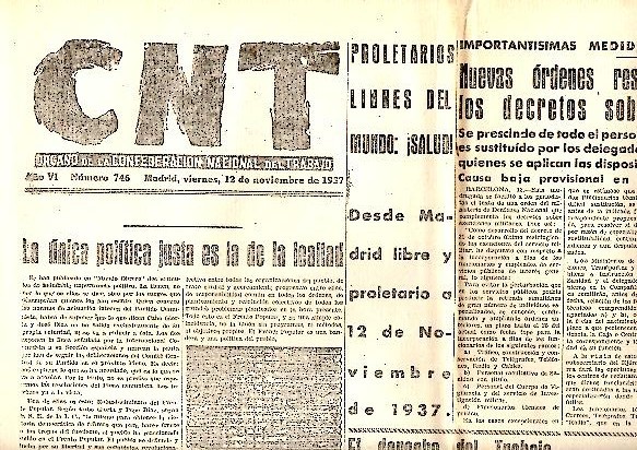 CNT. ORGANO DE LA CONFEDERACION NACIONAL DEL TRABAJO. AÑO VI. …