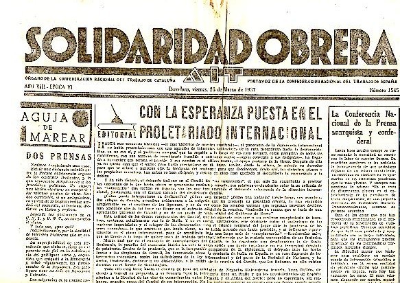 SOLIDARIDAD OBRERA. AIT. AÑO VIII. N.1545. 26-MARZO-1937.