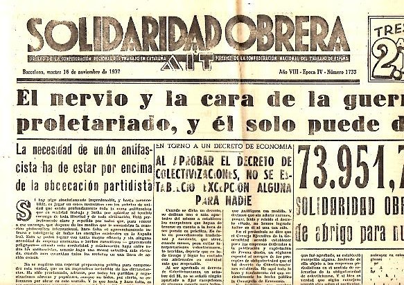 SOLIDARIDAD OBRERA. AIT. AÑO VIII. N.1733. 16-NOVIEMBRE-1937.