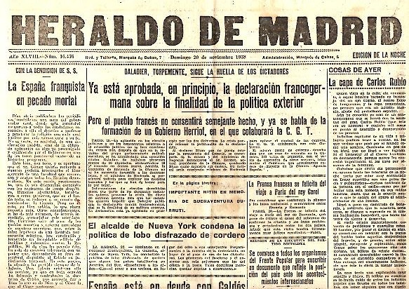 HERALDO DE MADRID. AÑO XLVIII. N. 16476. 20-NOVIEMBRE-1938.