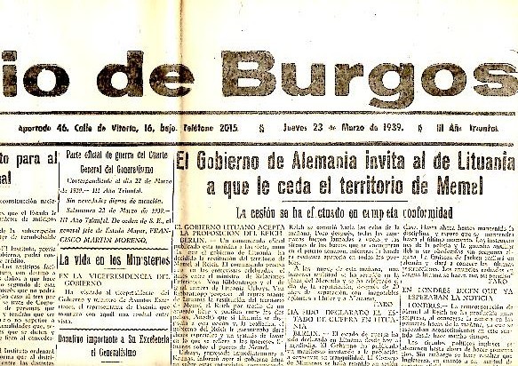 DIARIO DE BURGOS. AÑO XLIX. N. 19929. 23-MARZO-1939.