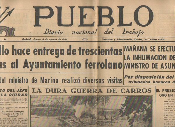 PUEBLO. DIARIO NACIONAL DEL TRABAJO. AÑO V. NUM. 1.264. MADRID, …