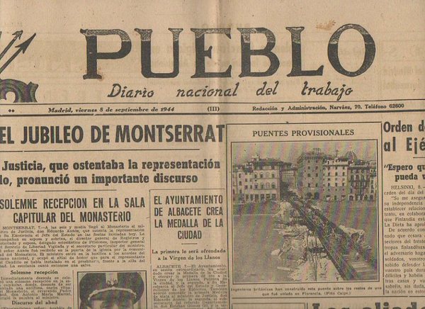 PUEBLO. DIARIO NACIONAL DEL TRABAJO. AÑO V. NUM. 1.294. MADRID, …