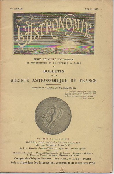 L'ASTRONOMIE. REVUE MENSUELLE D'ASTRONOMIE DE METEOROLOGIE ET DE PHYSIQUE DU …