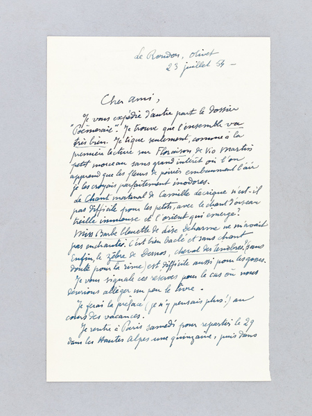 Lettre autographe signée datée du 23 juillet 1954 [adressée à …