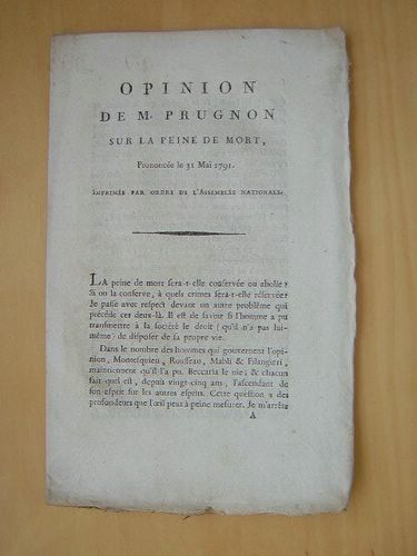 Opinion de M. Prugnon sur la Peine de Mort, prononcée …