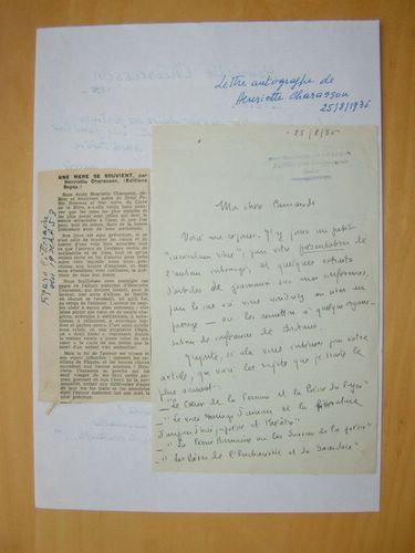 Lettre autographe signée de Henriette Charasson : "Voici les sujets …