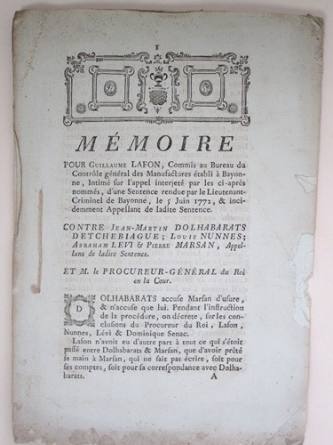 Mémoire pour Guillaume Lafon, Commis au Bureau du Contrôle Général …