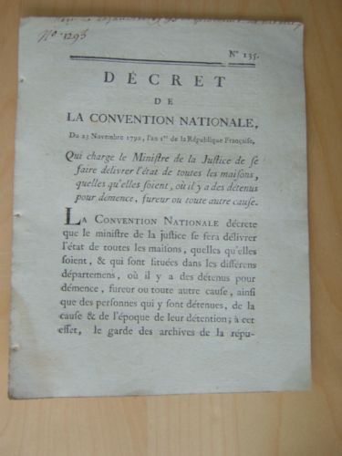 Décret de la Convention Nationale du 23 Novembre 1793, l’an …