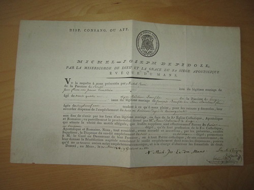 Dispense d'empêchement à mariage du trois au troisième degré de …