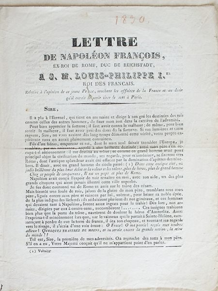 Lettre de Napoléon François, ex-roi de Rome, Duc de Reichstadt, …