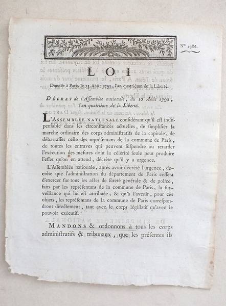 Loi donnée à Paris le 13 Août 1792, l'an quatrième …