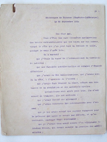 Importante Lettre signée du Général Percin datée du 25 septembre …