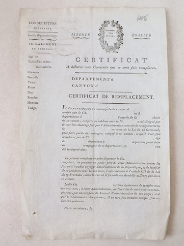 Certificat à Délivrer aux Conscrits qui se sont fait remplacer. …