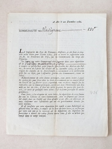 A Aix le 20 décembre 1786. Communauté de Marignane. "La …