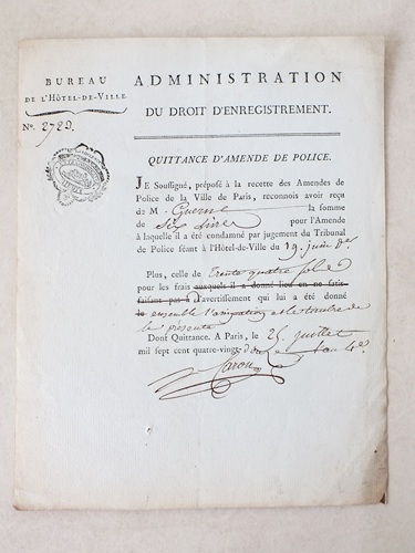 Quittance d'Amende de Police, du 25 Juillet 1792 : "Je …