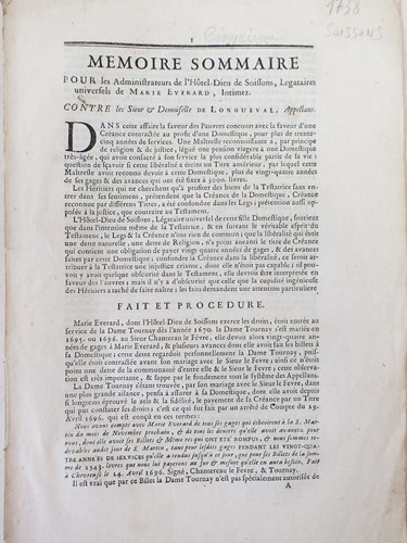 Mémoire Sommaire pour les Administrateurs de l'Hôtel-Dieu de Soissons, Légataires …