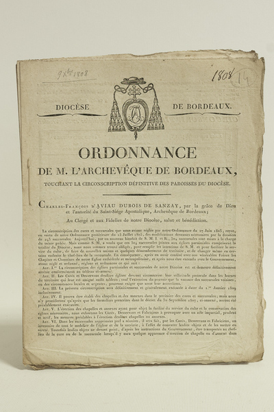 Ordonnance de M. l'Archevêque de Bordeaux touchant la Circonscription définitive …