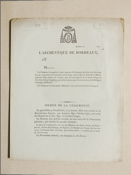 Formulaire d'invitation à la Procession dans les rues de Bordeaux …