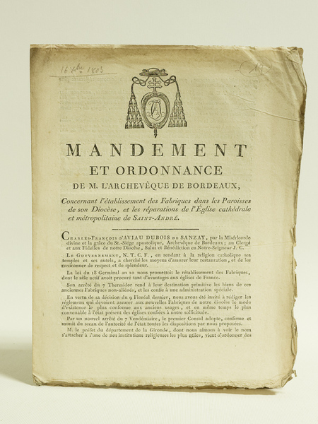 Mandement et Ordonnance de M. l'Archevêque de Bordeaux, Concernant l'établissement …