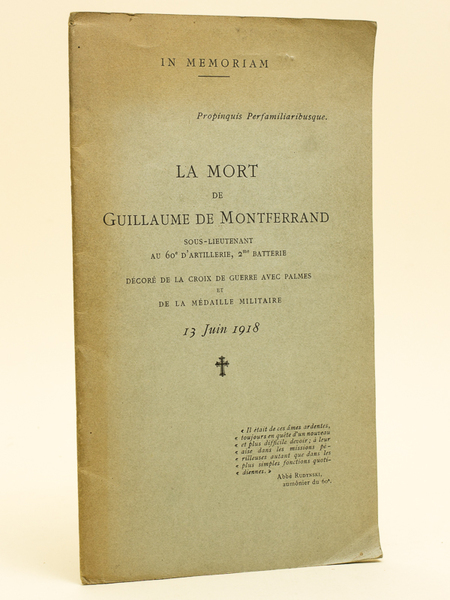 La mort de Guillaume de Montferrand sous-lieutenant au 60e d'artillerie, …