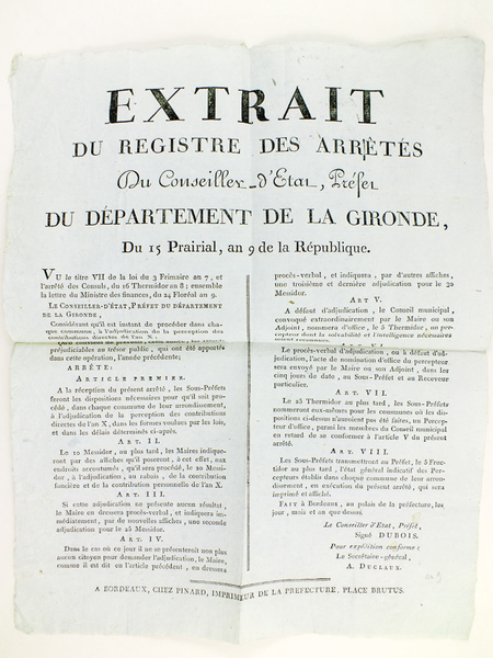 Extrait du Registre des Arrêtés du Conseiller d'Etat, Préfet du …