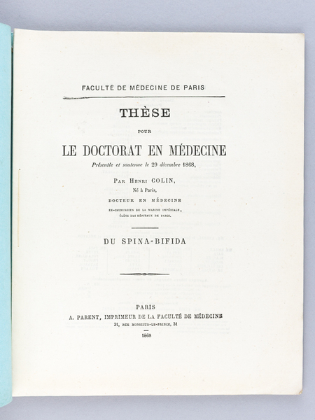 Du Spina-Bifida. Thèse pour le Doctorat en Médecine soutenue le …