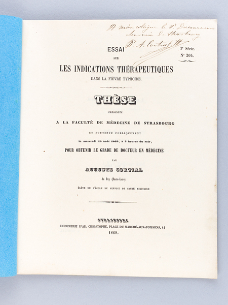 Essai sur les Indications thérapeutiques dans la fièvre typhoïde. Thèse …